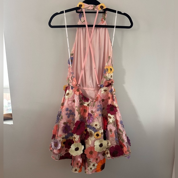 Lulus Blooming Bliss Pink 3D Floral Embroidered Halter Mini Dress - Picture 2 of 4